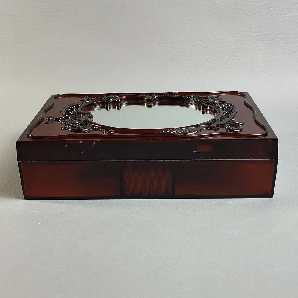 Vintage MCM Vanity‎ Jewelry Box With Freestanding Mirror Frame Lid Amber